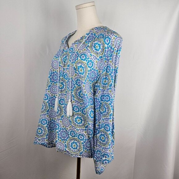 Fresh Produce XL Tunic Top Mosaic Shells Corine Blue Green Cotton Tie Neck - Picture 8 of 12